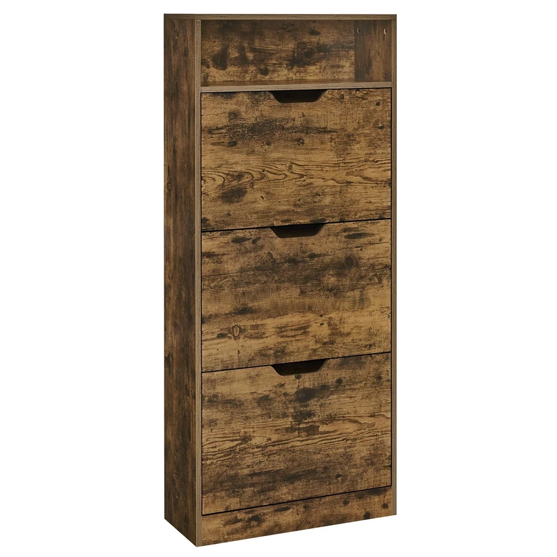 VASAGLE Shoe Cabinet 3 Flip Doors, 4 Tier Shoe Rack, with 1 Open Compartment, Adjustable and Removable Divider, for 14-18 Pairs Shoes, for Narrow Entrance, 24 x 60 x 130 cm, Rustic Brown LBC046B01
