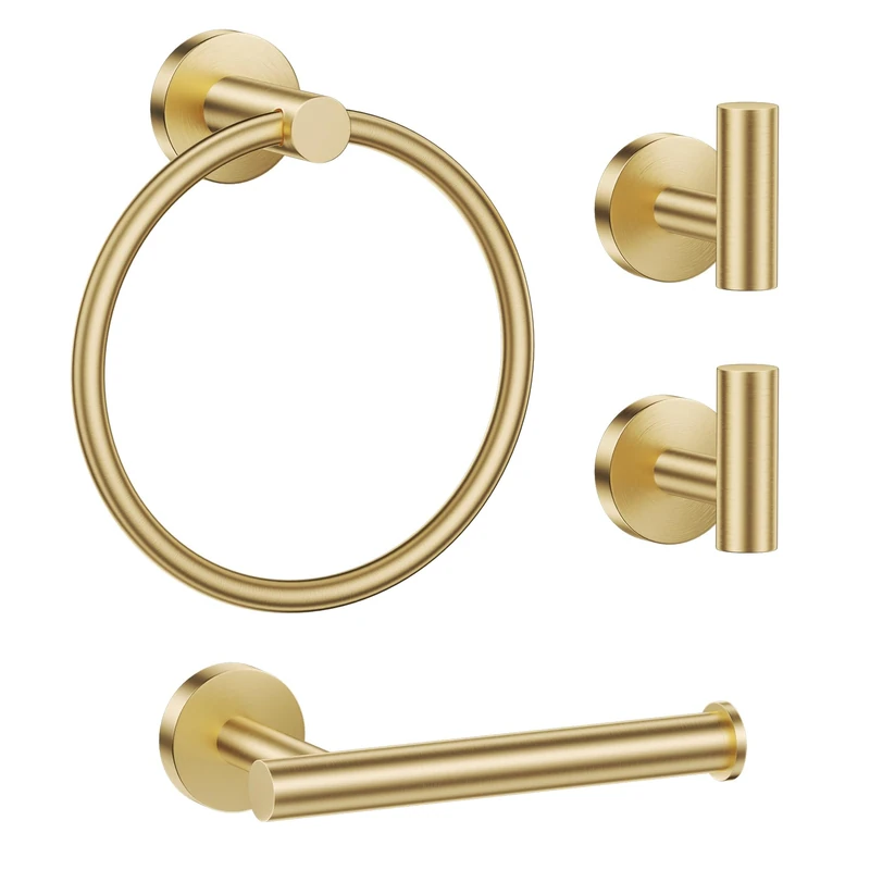 Bathroom Hardware Set, Gold Stainless Steel 4-Piece Include Hand Towel Bars, Paper Towel Holderand 2 Robe Towel Hooks