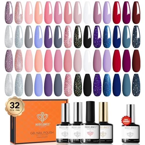 MODELONES 32Pcs Gel Nail Polish Set, 28 Colors All Seasons Gel Polish with Glossy& Matte Gel Top Coat No Wipe Base Coat and Nail Primer Nude Pink Purple Red Blue Glitter Black Nails Gift DIY Home