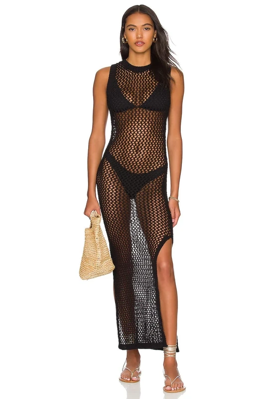NFASHIONSO Womens Crochet Beach Wear Cover up Swimwear Bikini Long Maxi Beach Dress, Black 3721, 8