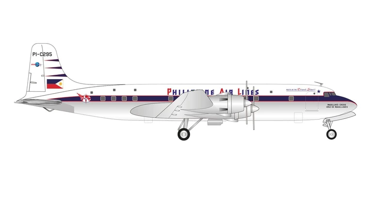 herpa airplane model Philippine Air Lines Douglas DC-6B - PI-C295 Magellan's Cross/Cruz de Magallanes on a scale of 1 : 200, metal miniature with pedastal, model building, collectors edition