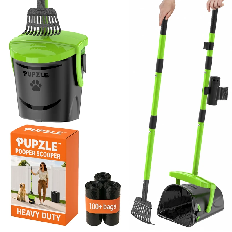 Pupzle Dog Pooper Scooper with 25 Bags for Yard Cleanup, Heavy Duty and Extra Large, Metal Rake with Ceramic Coating, Odor-Free Self Closing Swivel Lid, Green