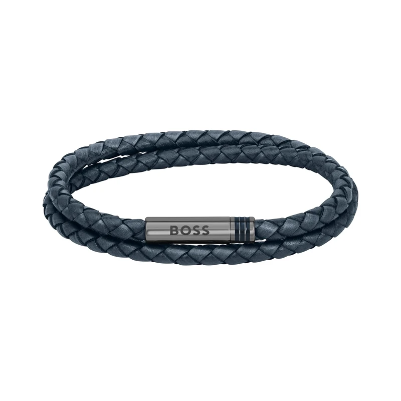 BOSS Jewelry Men's ARES Collection Bracelet with Double-Wrap Braided Blue Leather - 1580494M