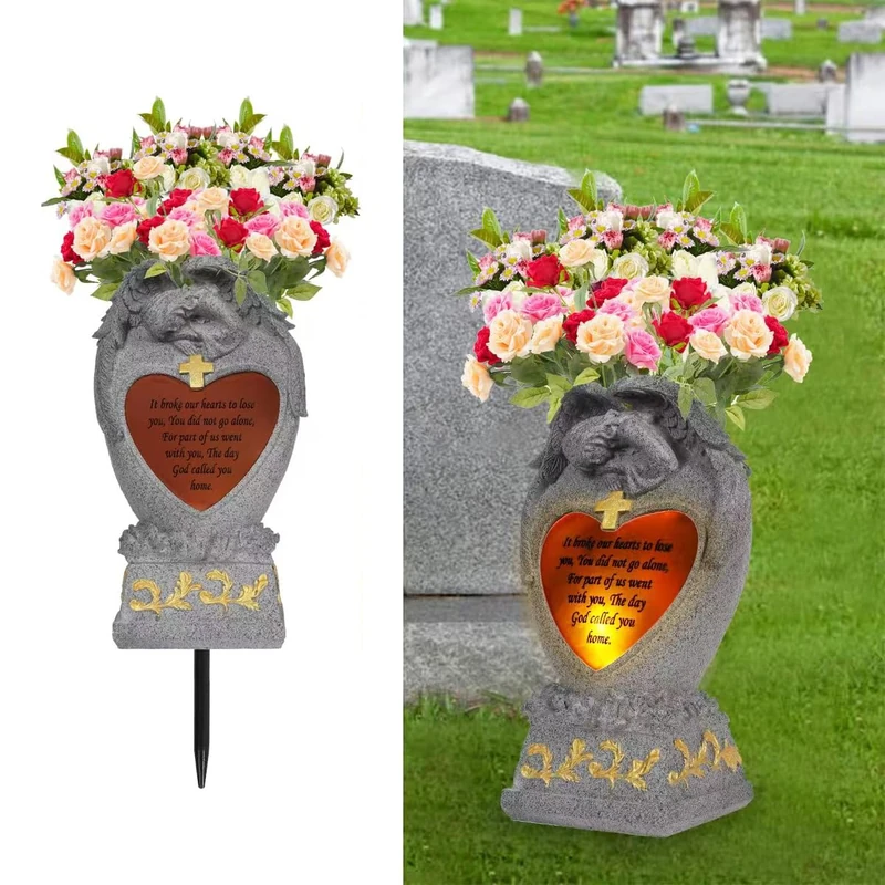 Cemetery Decorations for Grave,Cemetery vases for Grave,Decoration for Graves, Garden Angel,Cemetery vase with led,Family Garden Memorial Statue Funeral Gift, Angels Solar Lights,Crying Angel (Gray)