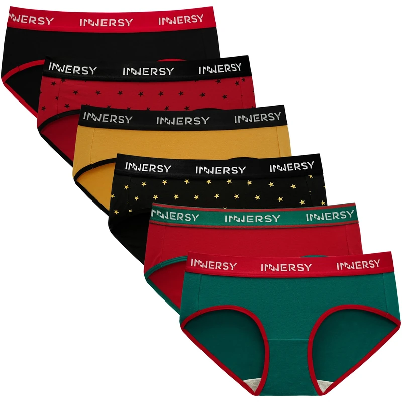 INNERSY Ladies Underwear Cotton Knickers for Women Multipack Mid Rise Sport Briefs Pack of 6 (12, Christmas Collection)