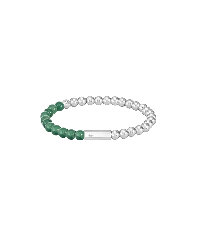 Lacoste Men's SCOTTIE Collection Beaded Bracelet in Stainless Steel and Green Jade - 2040245