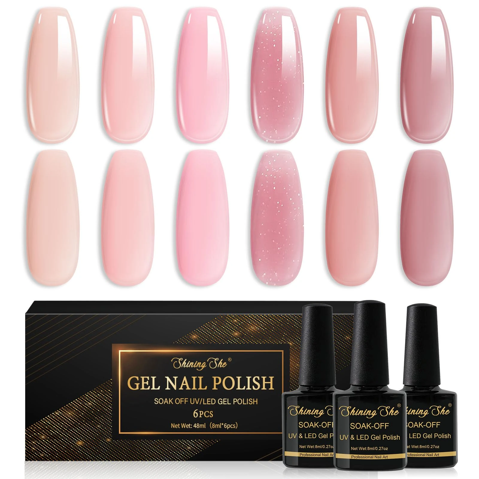 Shining She Gel Nail Polish Kit - 6 Color Nude Pink Jelly Nail Polish, Transparent, Soak-Off UV/LED Gel for Nail Art Salon DIY Home, 8ML