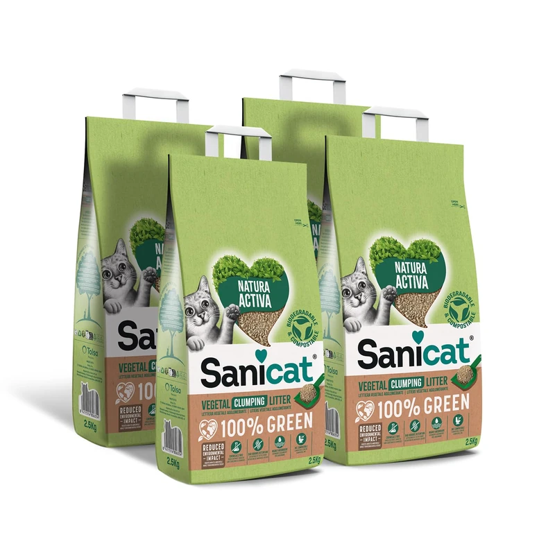 Sanicat - 100% Green Natura Activa Clumping Vegetable Litter | High absorption and naturally forms clumps | Recycled, biodegradable, and compostable product | 4x2,5 kg capacity.