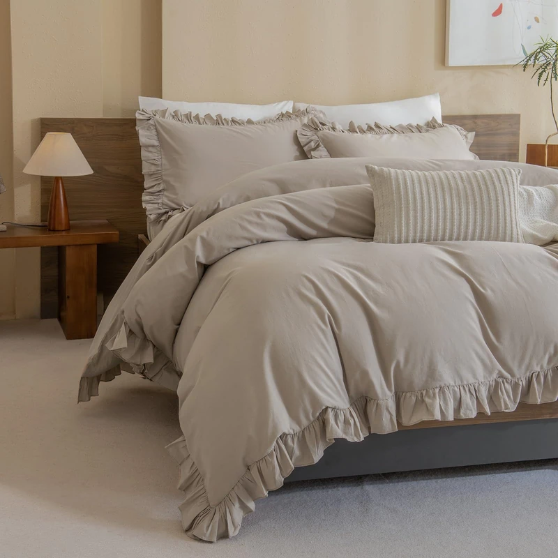 QSH Washed Cotton Duvet Cover King Ruffle Duvet Cover Linen Textured Farmhouse Shabby Vintage Chic Bedding Comforter Cover 3 PCs Aesthetic French Country Vintage King Bedding