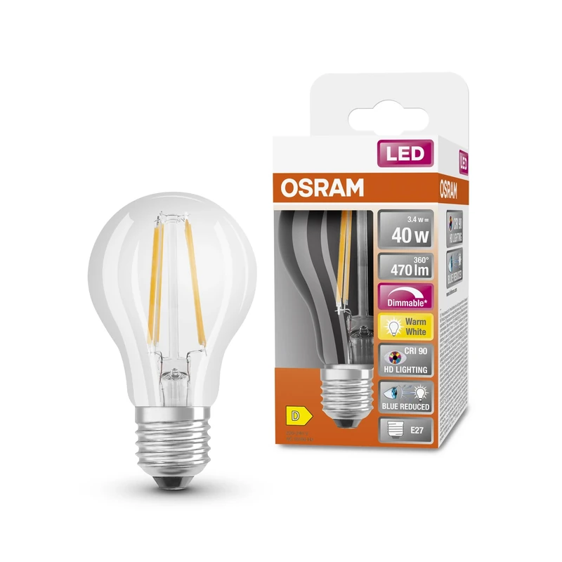 OSRAM Superstar+ Classic A Fil 40 Led Lamp, E27, Bulb Shape, 3.4W, 470Lm, 2700K, Warm White Light, Reduced Blue Component, Low Eye Strain, Dimmable, Low Energy Consumption