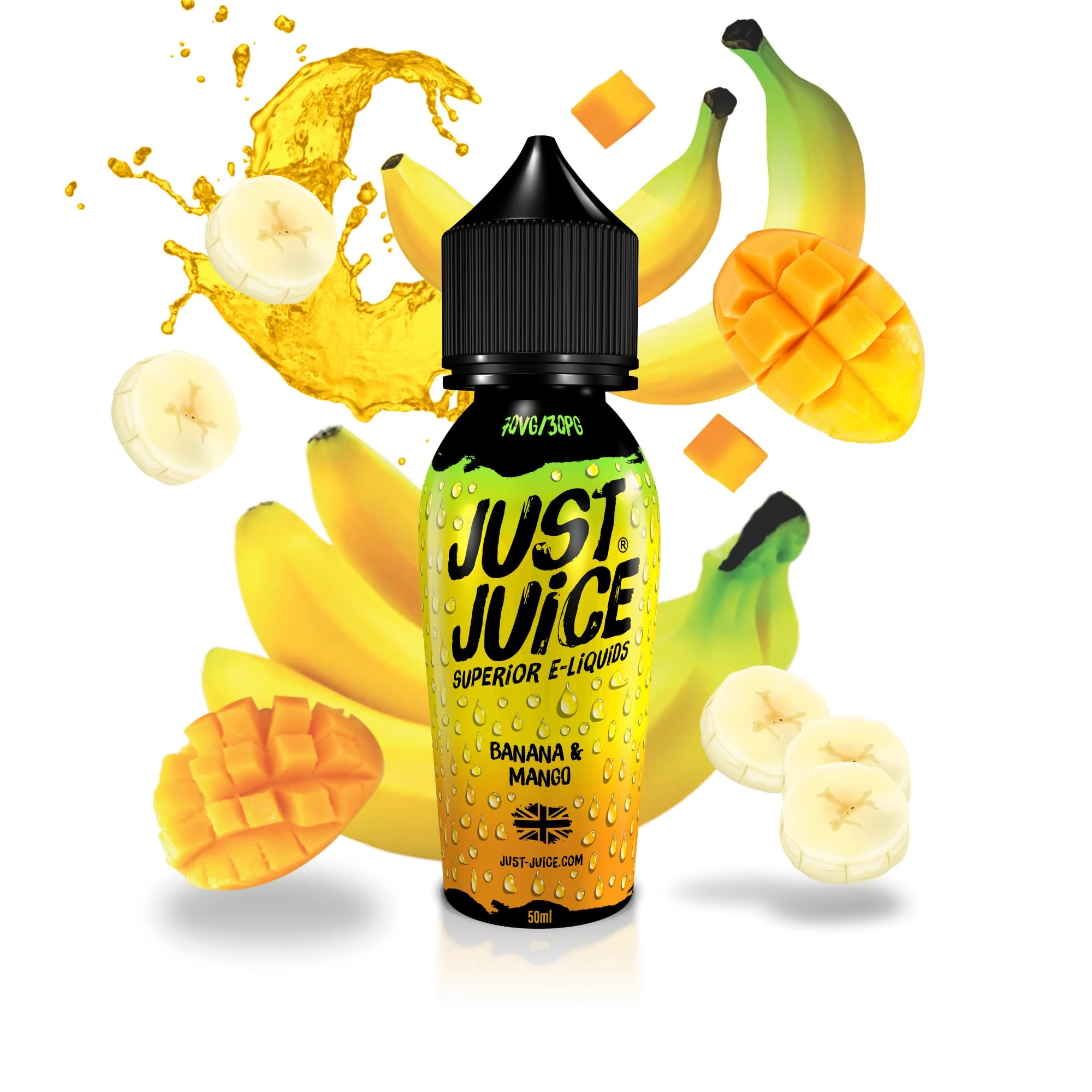 Just Juice Vape Liquid with No Nicotine, 50ml 0mg Shortfill Eliquid, 70/30 Vape Juice in 60ml Bottle, Space for 10ml of Nicotine Shot or Nic Salts, Fruity E Liquid, Banana & Mango