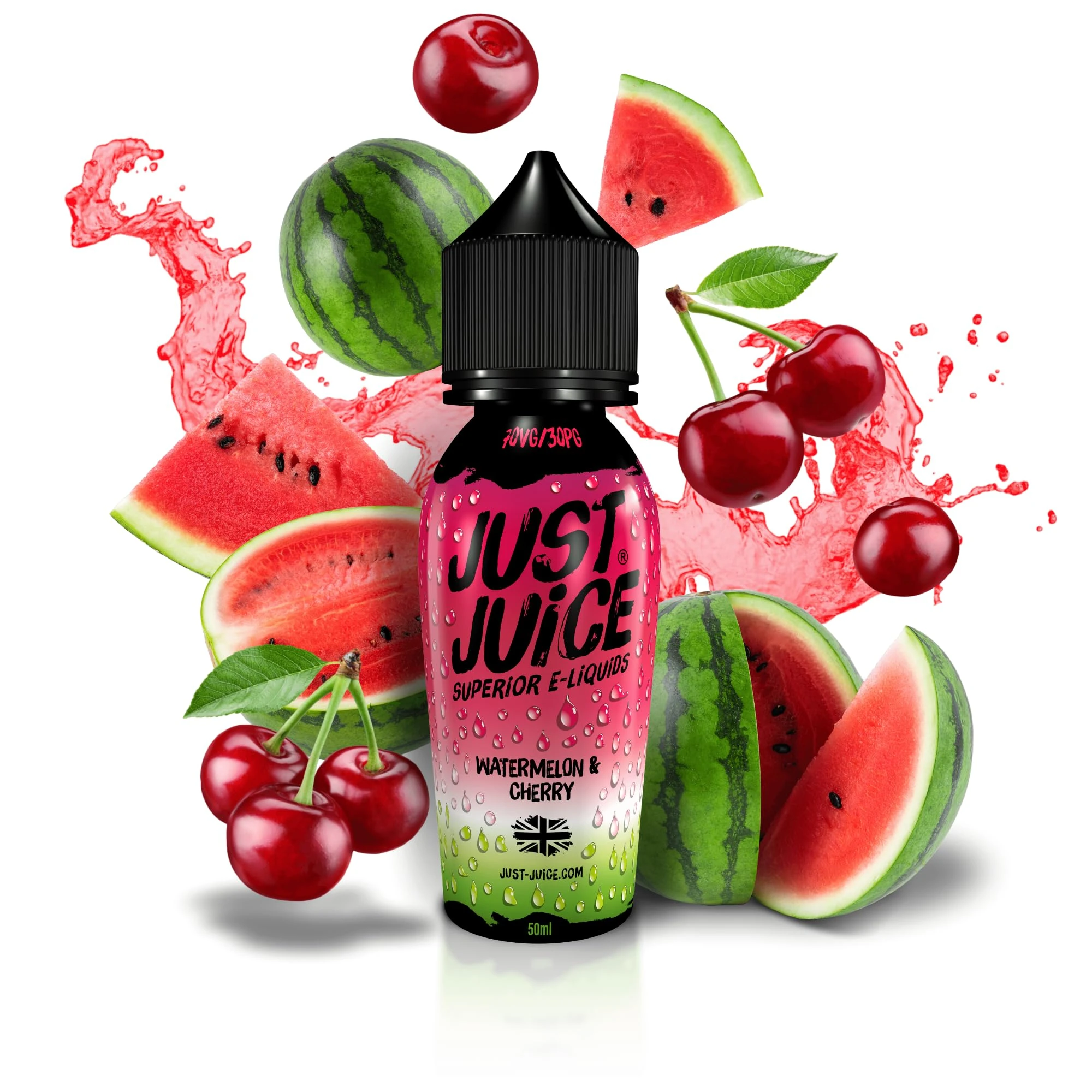 Just Juice Vape Liquid with No Nicotine, 50ml 0mg Shortfill Eliquid, 70/30 Vape Juice in 60ml Bottle, Space for 10ml of Nicotine Shot or Nic Salts, Fruity E Liquid, Watermelon & Cherry