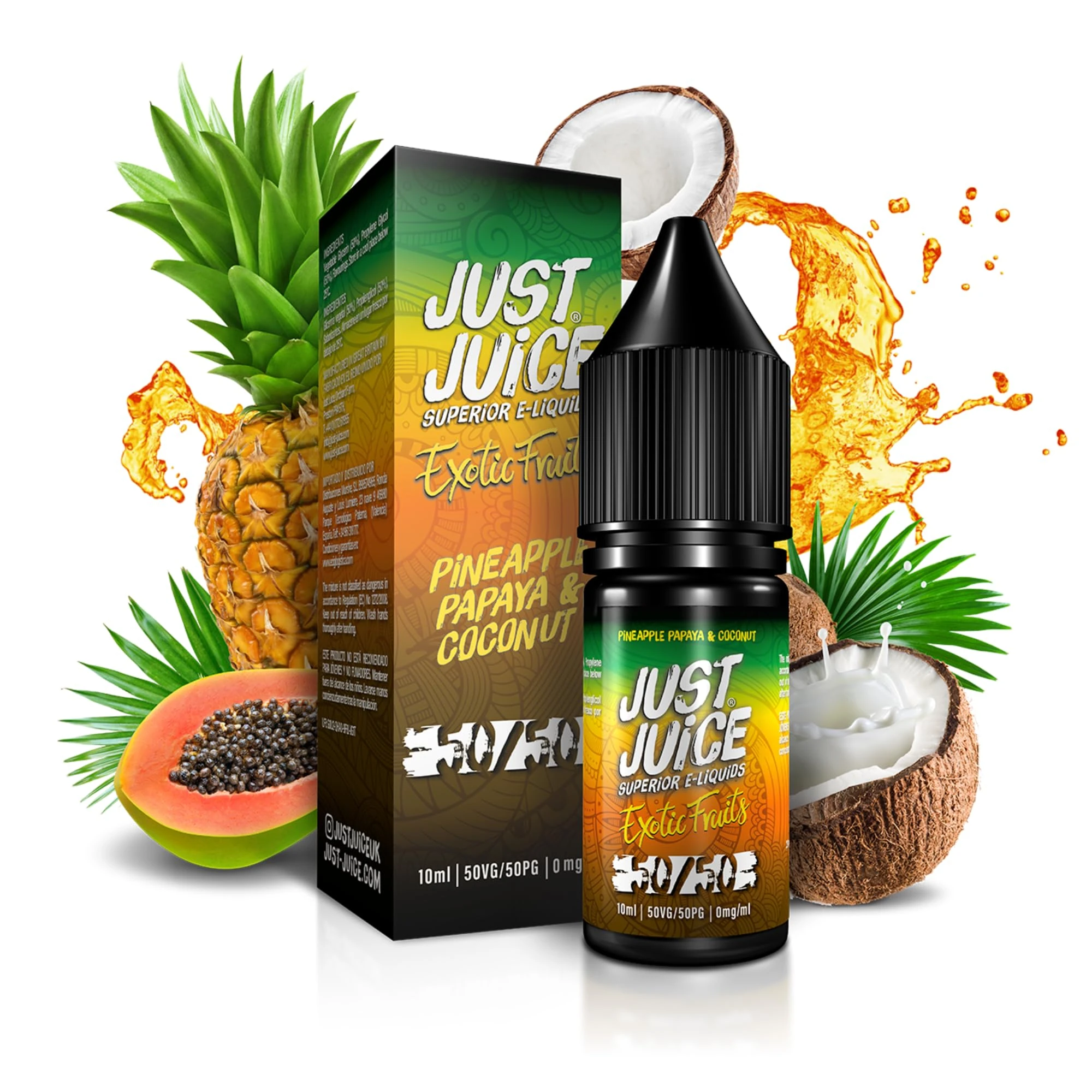 Just Juice Superior E-Liquids Vape Liquid with No Nicotine - Pineapple, Papaya & Coconut Flavour - 10ml Bottle, 50/50 0mg e-Liquid, Nic Free eliquid with Menthol Flavours