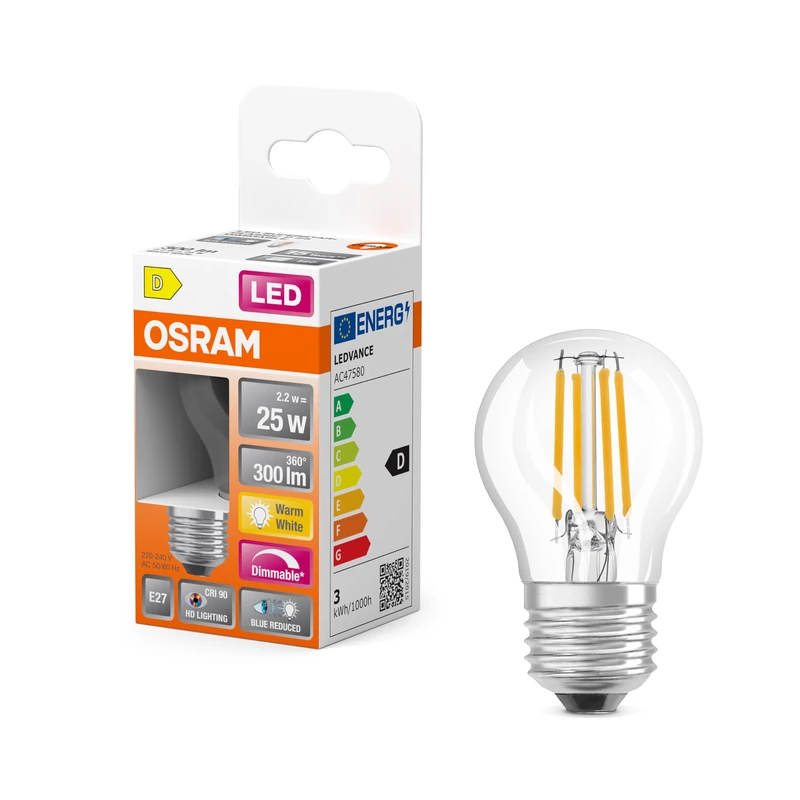 OSRAM Superstar+ Classic P Fil 25 Led Lamp, E27, Mini Ball Shape, 2.2W, 300Lm, 2700K, Warm White Light, Reduced Blue Component, Low Eye Strain, Dimmable, Low Energy Consumption