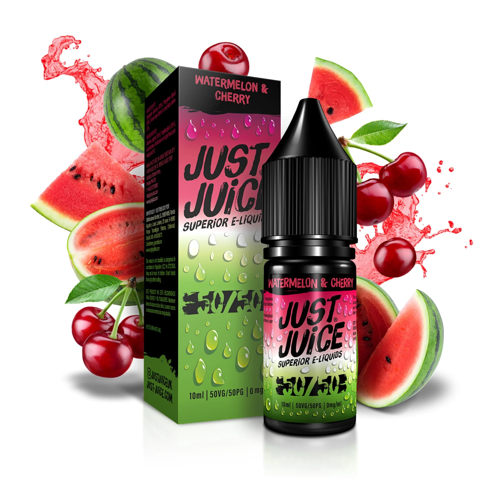 Just Juice Superior E-Liquids Vape Liquid with - Watermelon & Cherry Flavour - 10ml Bottle, 50/50 0mg e-Liquid, Nic Free eliquid with Menthol Flavours