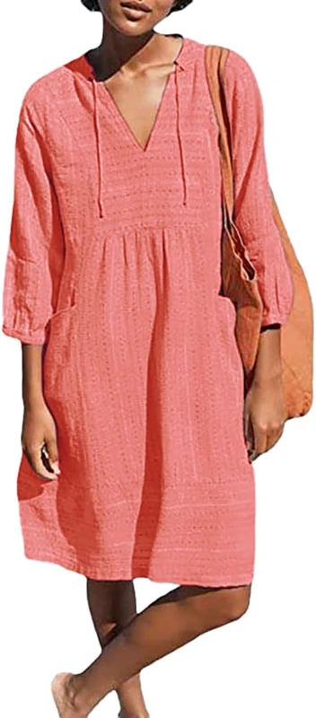 Lafural Womens V Neck Cotton Casual Loose Shift Tunic Smock Summer Dresses Vacation Dress 3/4 Sleeve Pocket, Coral, XL