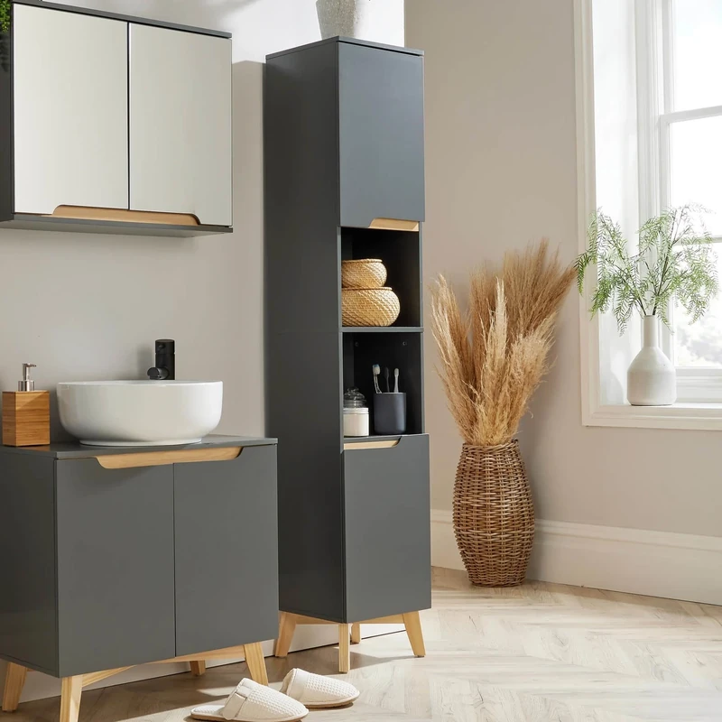 Home Source| Florence 160cm Tall Bathroom Cabinet – Grey, Soft Close Door, 6-Shelves with 2-Open Shelf,Versatile Cupboard for Bathroom or Hallway, Narrow Bathroom Storage Unit 30x30x160cm