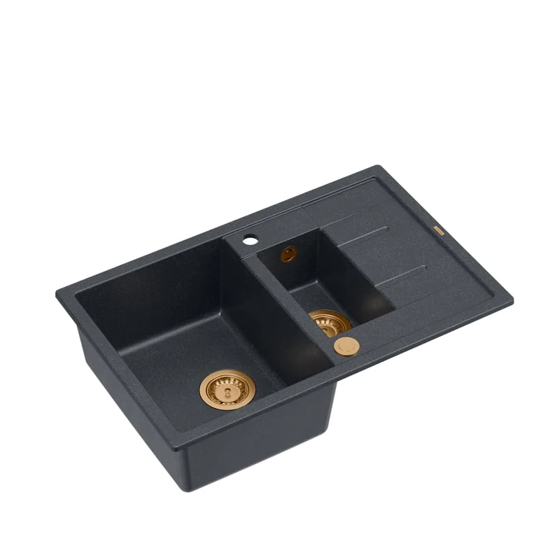 QUADRON Morgan 116 Black Granite Kitchen Sink with Draining Board with Tap Hole Size 78 x 50 x 22 cm Black & Copper