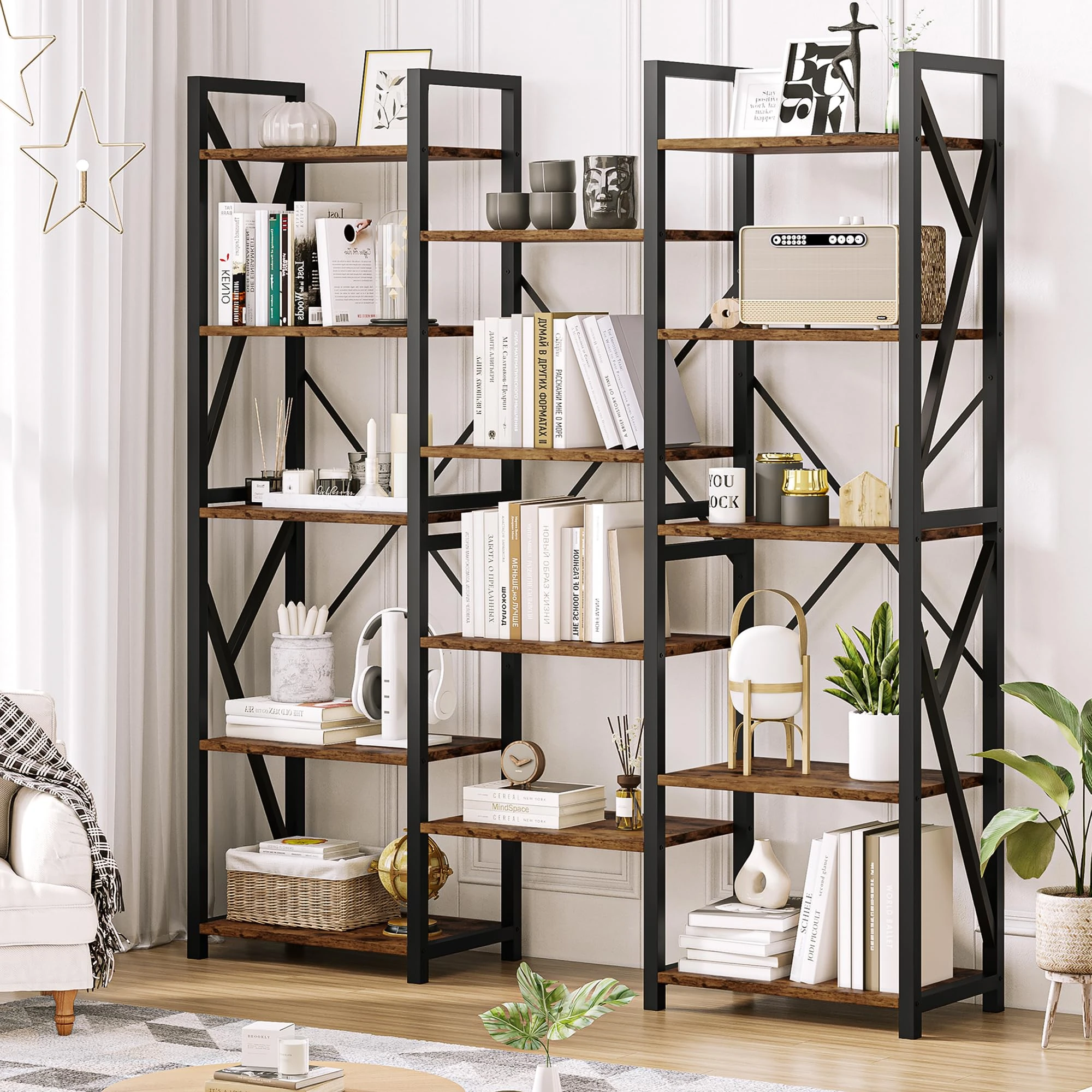 GAOMONTriple Wide 5 Tier Book Shelf, Tall Bookshelf with Open Display Shelves, Industrial Large Bookshelves and Bookcases with Metal Frame for Living Room, Bedroom, Home Office-Grey