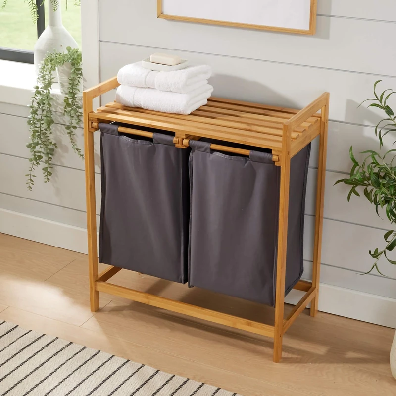 Home Source Walton Laundry Basket with Pull Out Shelf, Bamboo Frame, 2 Fabric Compartments Bathroom Unit