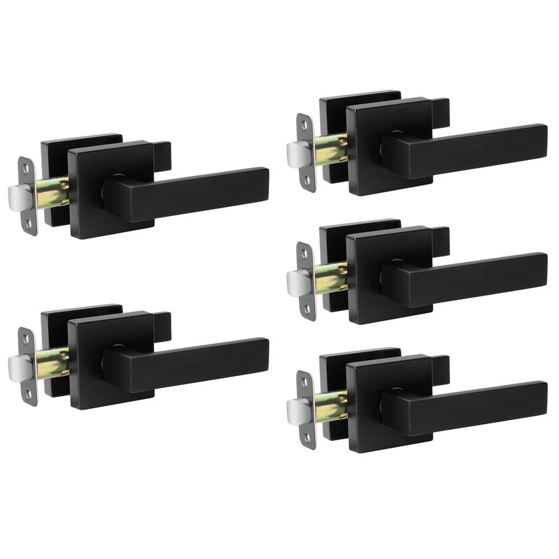 AEEKEL Black Interior Door Handle Passage Door Levers Set (No Lock), 5 Pack Heavy Duty Door Knob for Hall or Closet, Square Keyless Door Handle for Left Right Handle Doors