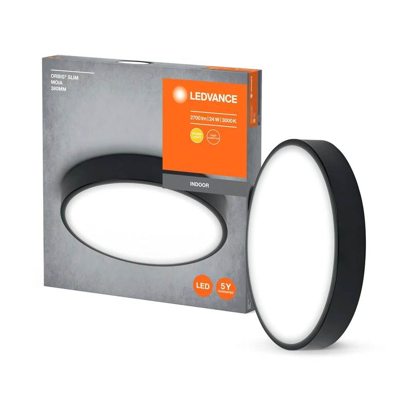 LEDVANCE Orbis Slim Moia Led Ceiling Light 380Mm, Black, 24W, 2600Lm, Warm White Light, Very Homogeneous Light Distribution, Long Life, Non-Replaceable Led Module, Round, Ip20, 3000K