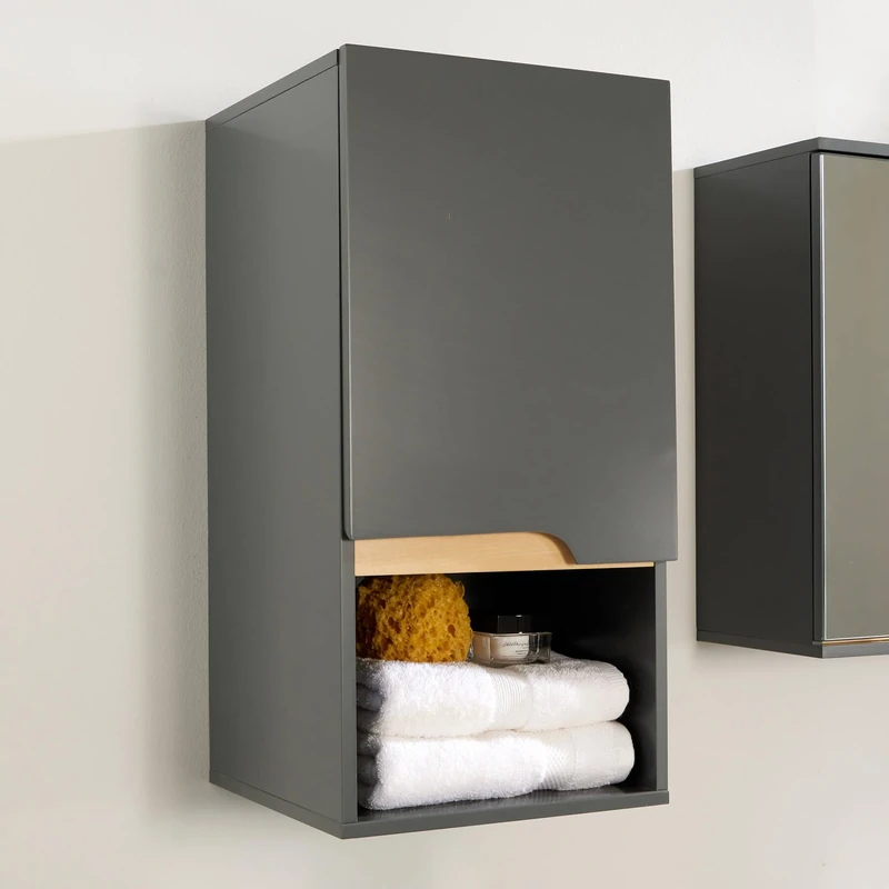 Home Source| Florence Wall Mounted Bathroom Cabinet – Grey, Soft Close Door, 3-Shelves with 1-Open Shelf, 60cm Tall Cupboard, Vanity Storage Unit 30x30x60cm - Image 1