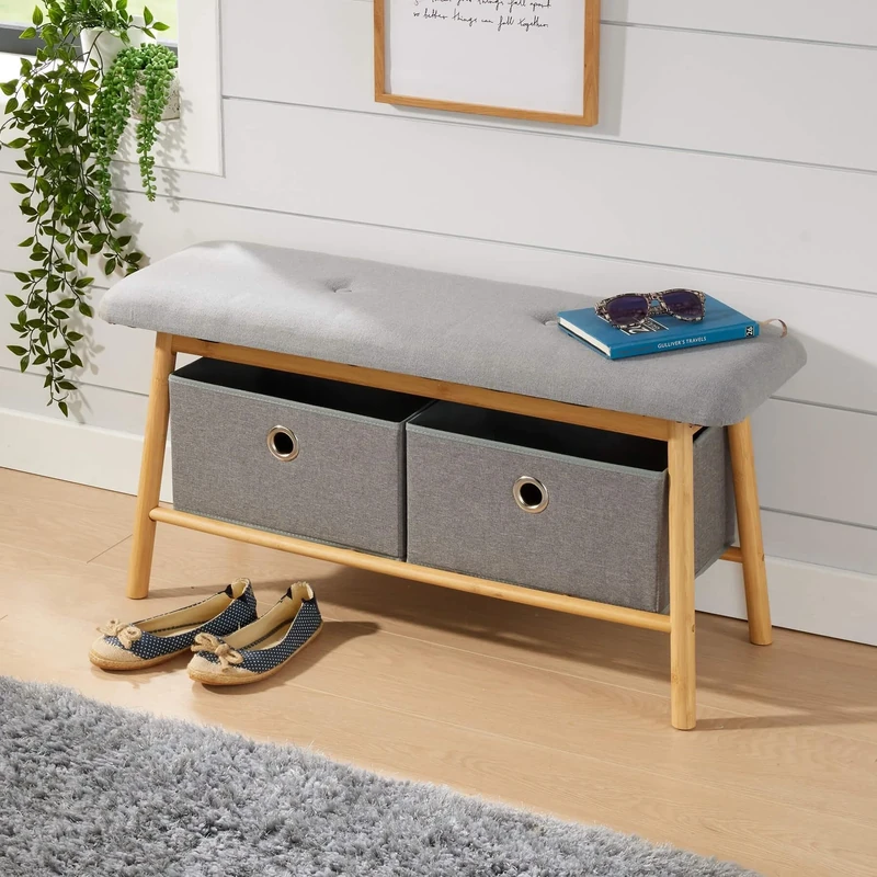 Home Source Jenson Bamboo Bench with Grey Padded Seats, 2 Pull Out Fabric Storage Boxes, Hallway Storage Bench