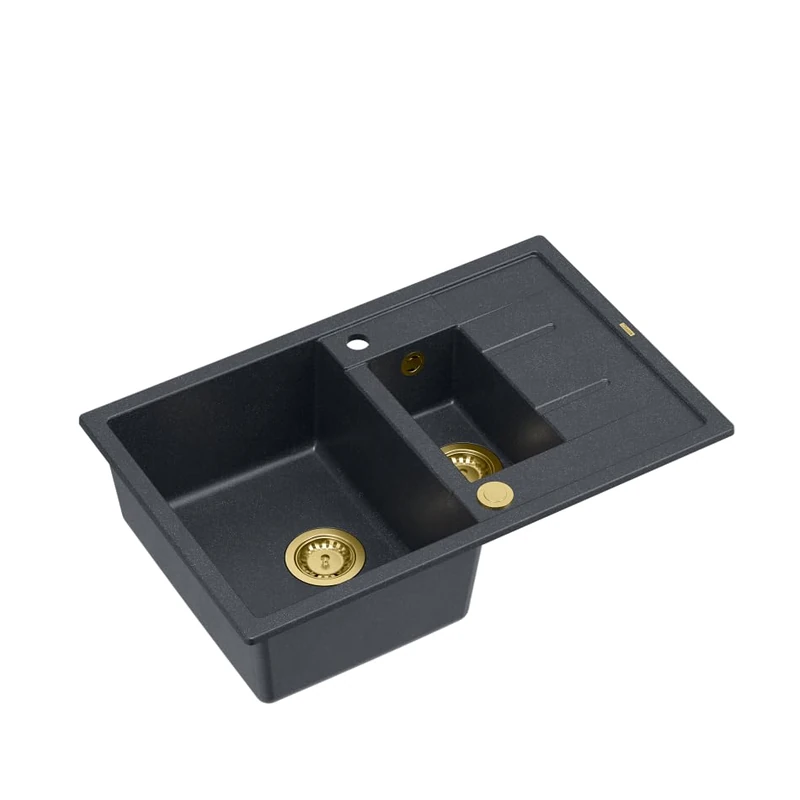 QUADRON Morgan 116 Black Granite Kitchen Sink with Draining Board with Tap Hole Size 78 x 50 x 22 cm Black & Golden