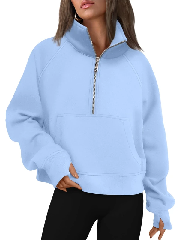 AUTOMET Womens Sweatshirts Half Zip Cropped Pullover Fleece Quarter Zipper Hoodies 2025 Fall Fashion Outfits Clothes, Lightblue, S