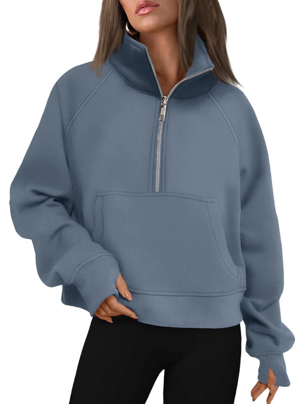 AUTOMET Womens Sweatshirts Half Zip Cropped Pullover Fleece Quarter Zipper Hoodies 2025 Fall Fashion Outfits Clothes, Greyblue, Large