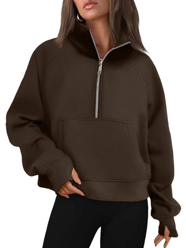 AUTOMET Womens Sweatshirts Half Zip Cropped Pullover Fleece Quarter Zipper Hoodies 2025 Fall Fashion Outfits Clothes, Coffee, S