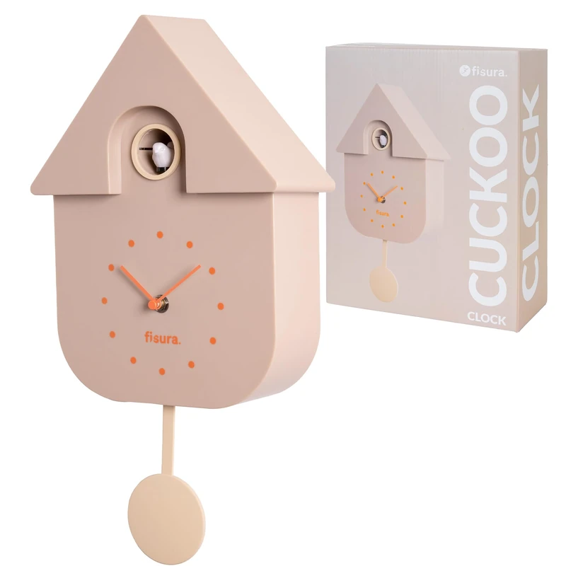 Fisura - Beige Cuckoo Style Wall Clock with Orange Dial – Silent Non-Ticking Quartz, Modern Home Decor, Gift for Living Room or Kitchen (3AA Batteries not included)