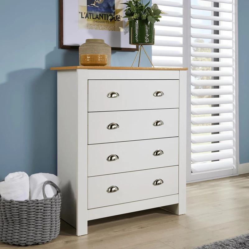 Home Source Chest of Drawers Clothing Storage Unit, 4 Drawers, Oak Effect Top, White