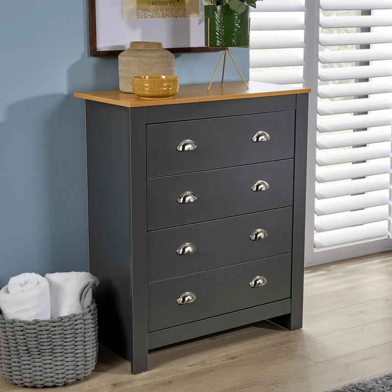 Home Source Chest of Drawers Clothing Storage Unit, 4 Drawers, Oak Effect Top, Dark Grey