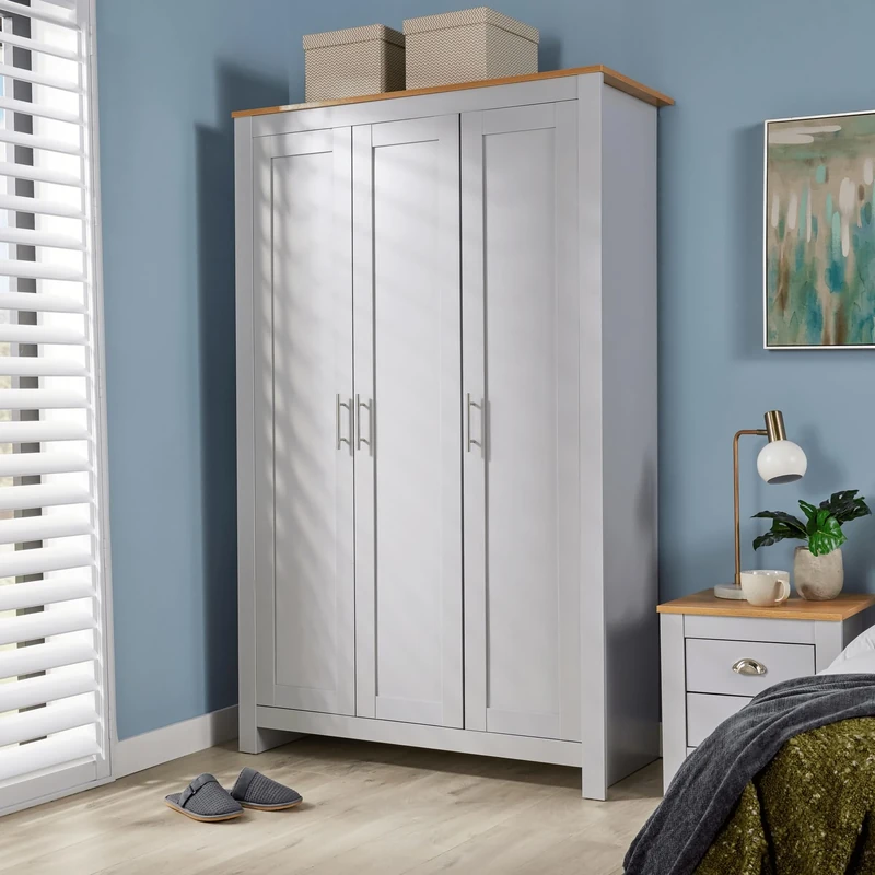 Home Source Bedroom Furniture, 3 Door Wardrobe, 5 Storage Shelves, Oak Effect Top, Grey