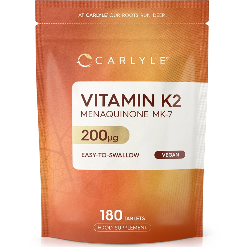 Vitamin K2 MK7 200ug | High Strength | 180 Vegan Tablets | Menaquinone-MK7 | Suitable for Vegetarians and Vegans | by Carlyle