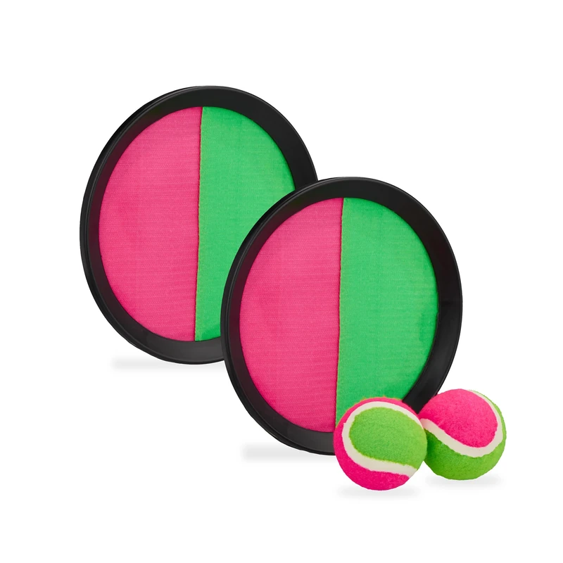 Relaxdays Game of Catch Set, 2 Balls & 2 Hand Catchers, Hook & Loop, Outdoor, Children & Adults, Beach Play, Pink/Green, 2 x 20.5 x 20.5 cm - Image 1