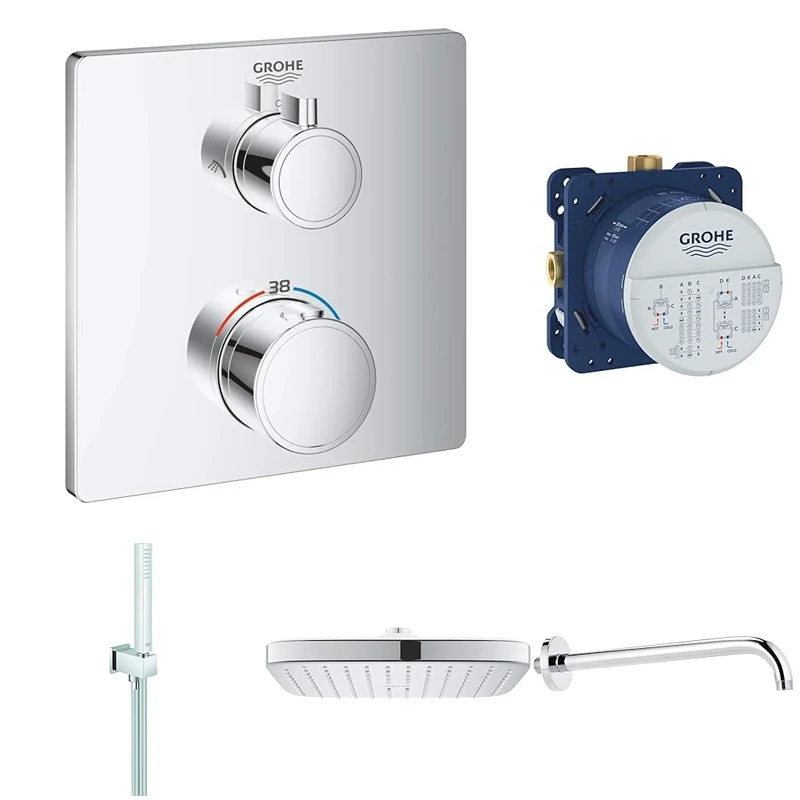 GROHE Bathtub Shower Trim Kit, Grohtherm THM Thermostatic Mixer, Vitalio Comfort 250 Headshower, Rainshower Shower Arm, Chrome, GROHE StarLight Finish