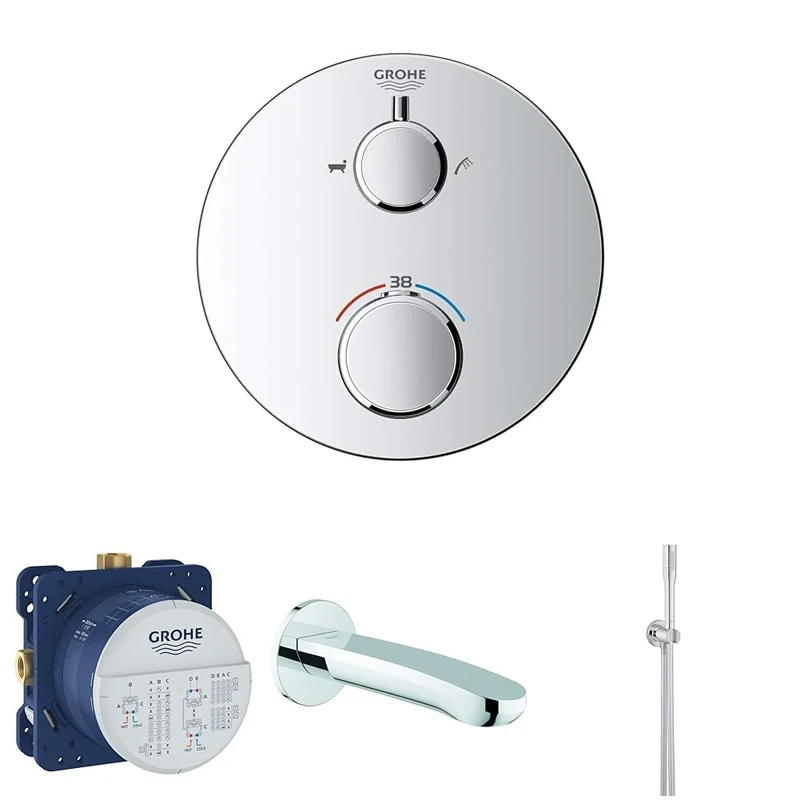 GROHE Bath Concealed Installation Set with Spout, Hand Shower Set and Round Thermostatic Mixer, Chrome