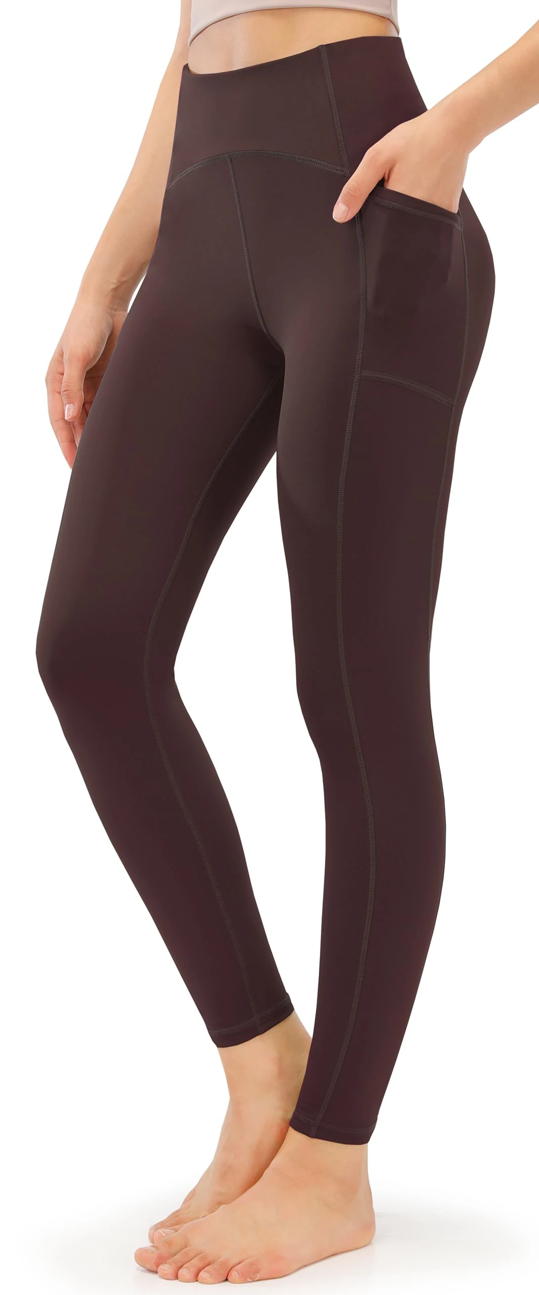 JOYSPELS Womens Fleece Lined Thermal Leggings with Pockets High Waisted Winter Warm Yoga Pants Gym Workout Fitness Running Thick Spandex Pants Brown M