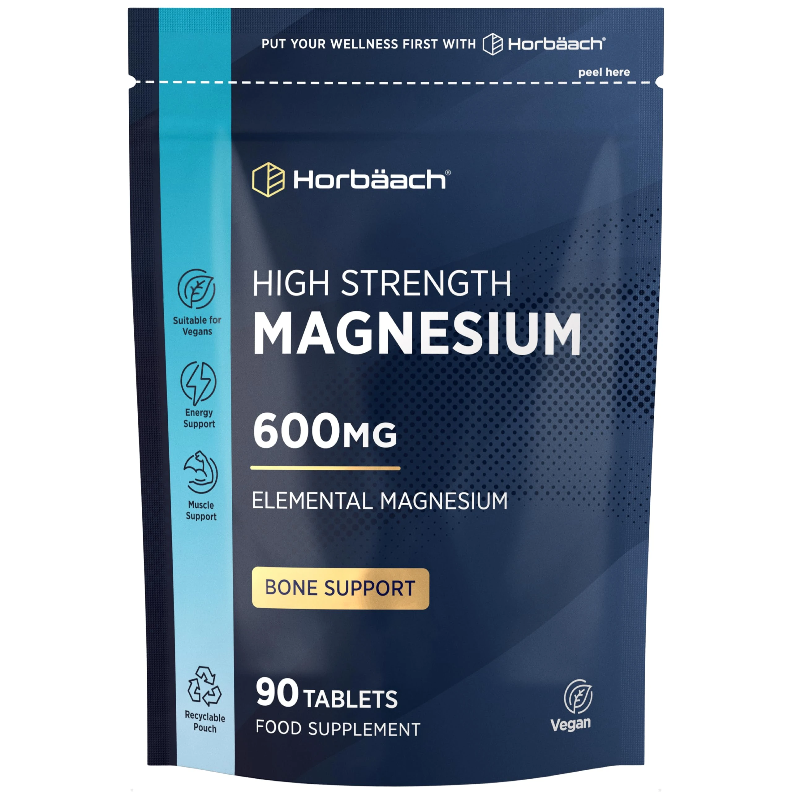 Magnesium Tablets 600mg | High Strength Elemental Magnesium Supplement for Men & Women | 90 Vegan Tablets | by Horbaach