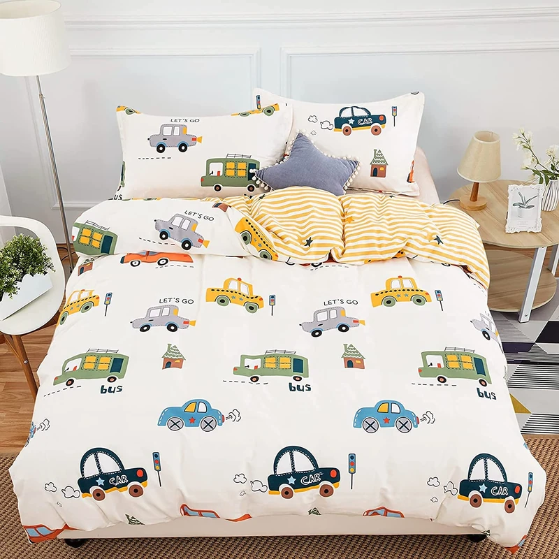 DJY Cars Kids Duvet Cover Set Full Size, 3 Pieces 100% Cotton Kids Bedding Set for Boys Girls, Reversible Yellow Stripes Comforter Cover Set (1 Duvet Cover+2 Pillowcases)