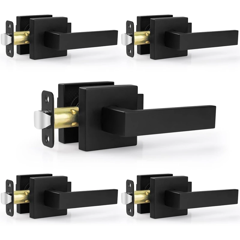 Estmoon 5 Pack Passage Door Levers Matte Black Door Handle Interior Door Knobs Square Heavy Duty Non-Locking Handlesets Hall Closet Handles, Reversible for Right & Left Sided Doors