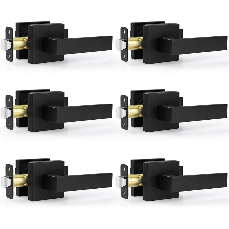 Estmoon 6 Pack Matte Black Door Handle Passage Door Levers Interior Door Knobs Square Heavy Duty Non-Locking Leversets Hall Closet Handles, Reversible for Right & Left Sided Doors