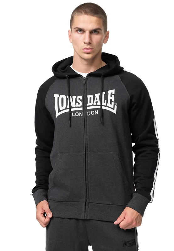 Lonsdale Men's Hooded Sweatshirt with Zip, Regular Fit, Glentruan, Marl Anthra/Black/White, XXXL