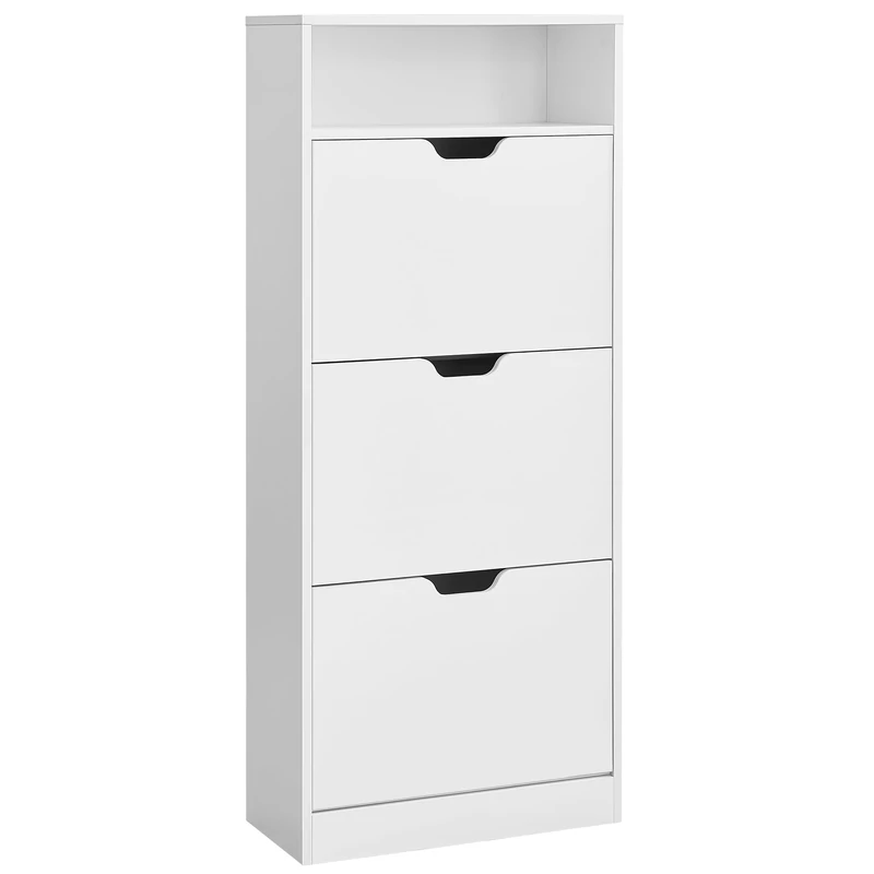 VASAGLE Shoe Cabinet 3 Flip Doors, 4 Tier Shoe Rack, with 1 Open Compartment, Adjustable and Removable Divider, for 14-18 Pairs Shoes, for Narrow Entrance, 24 x 60 x 130 cm, Cloud White LBC046W01