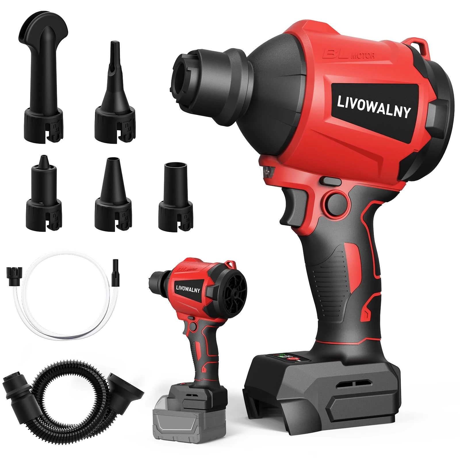 LIVOWALNY Cordless Air Pump Dust Blower Compatible with Milwaukee 18V Battery, Brushless Air Duster Compressed Air Mattress Pump w/ 3 Speeds & 7 Nozzles & 447 MPH/39 CFM for Workshop Cleaning