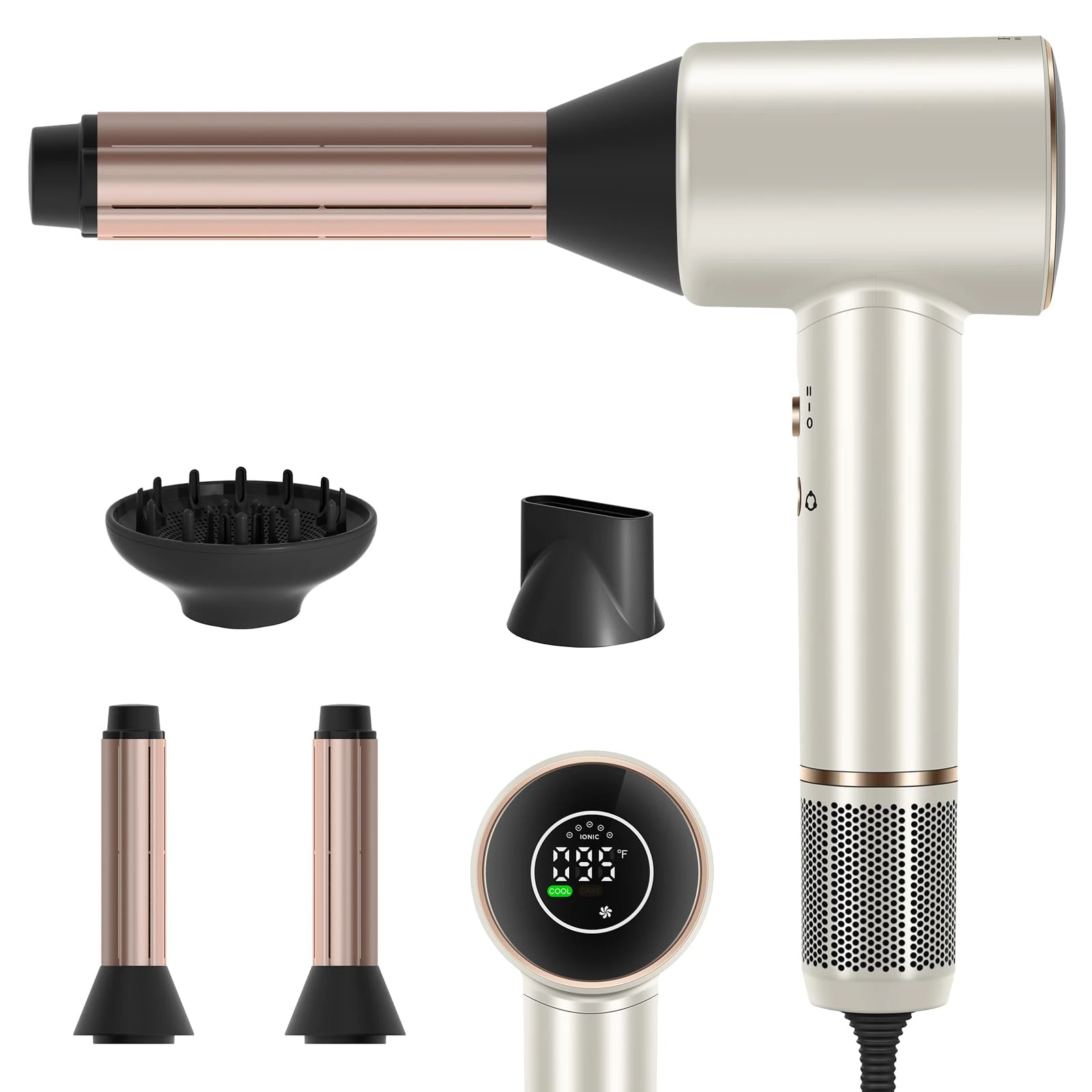 PARWIN PRO BEAUTY Air-Sonic Hair Dryer with Diffuser, HD-LED Display & 110, 000 RPM High Speed Ionic Blow Dryer, 32mm Left & Right Air Auto-Wrap Curlers, Silver Professional Version