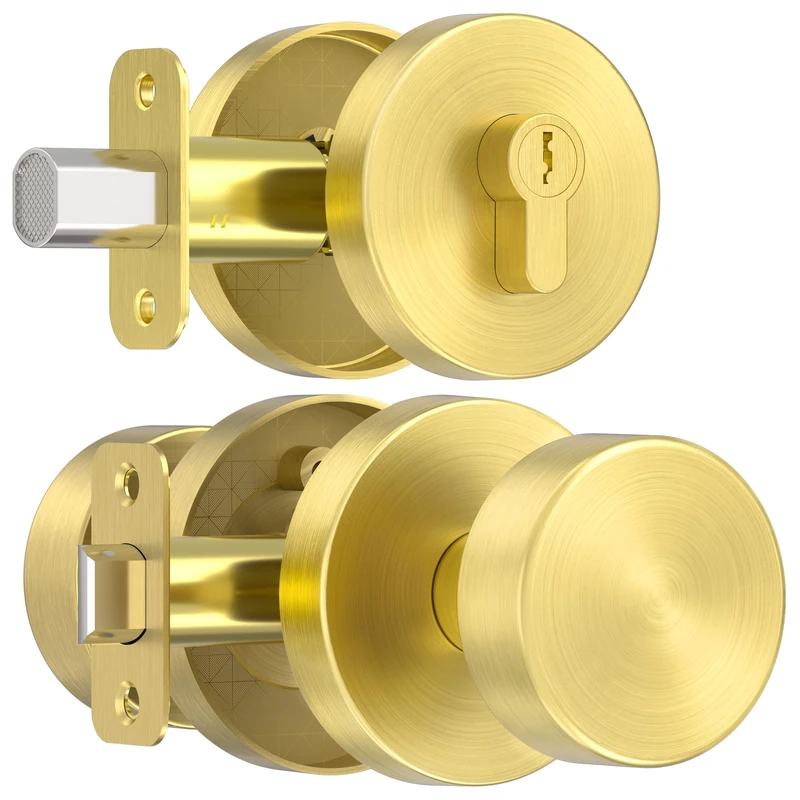 naubea Gold Door Knob with Deadbolt Lock, Satin Brass Front Door Handle with Deadbolt Lock Set, Round Deadbolt and Exterior Door Knob with Key